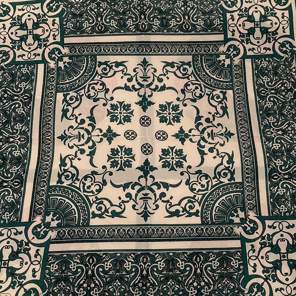 FRIDAN geometric design scarf, 36” sq. blued green, wh. & blk